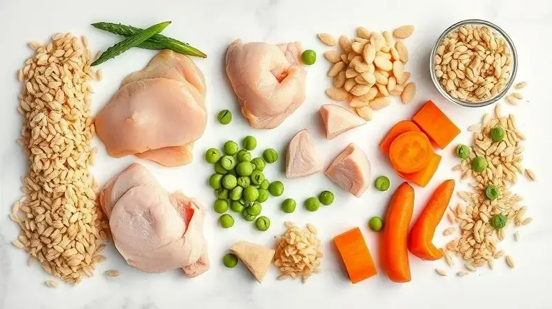 Ingredientes de alta qualidade, como frango e vegetais, usados na composição da ração Golden, dispostos de forma organizada.