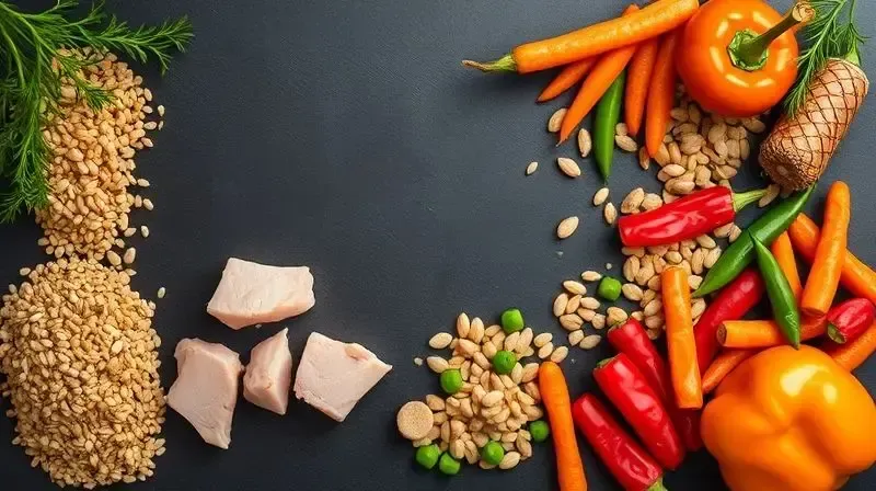 Análise dos ingredientes da ração Gran Plus, mostrando pedaços de frango fresco, grãos e vegetais de alta qualidade em uma superfície escura.