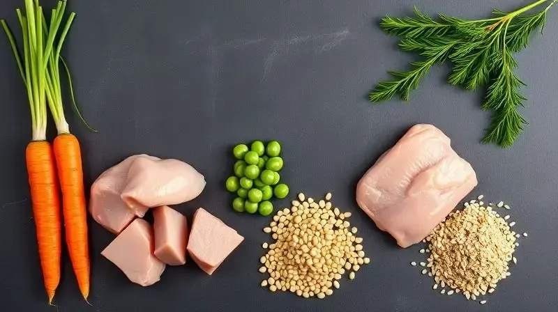Análise dos ingredientes da ração Magnus, mostrando ingredientes frescos e de alta qualidade como frango e vegetais em uma superfície de madeira.