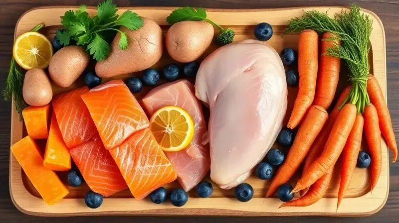 Ingredientes frescos e de alta qualidade, como salmão e frango, dispostos em uma tábua, representando a importância de verificar a composição da ração.