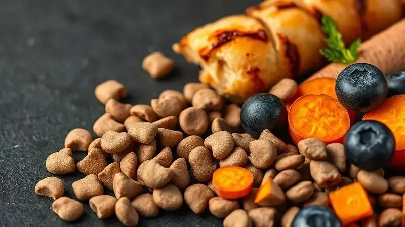 Ingredientes de alta qualidade, como frango e batata-doce, ao lado de um pote de ração para ilustrar uma fórmula nutritiva.