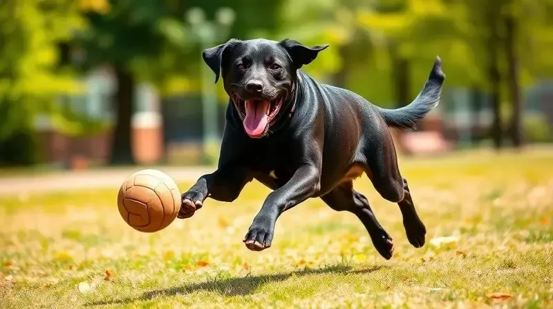 Um Labrador preto adulto ativo e saudável correndo em um parque, ilustrando a importância do nível de atividade na escolha da ração.