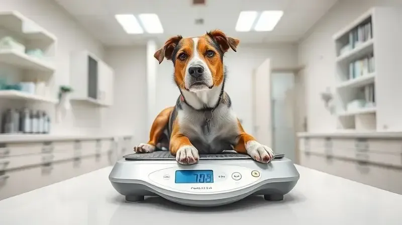 Cão de porte médio sendo pesado em uma balança digital para determinar a dosagem correta do Simparic com base no peso do pet.