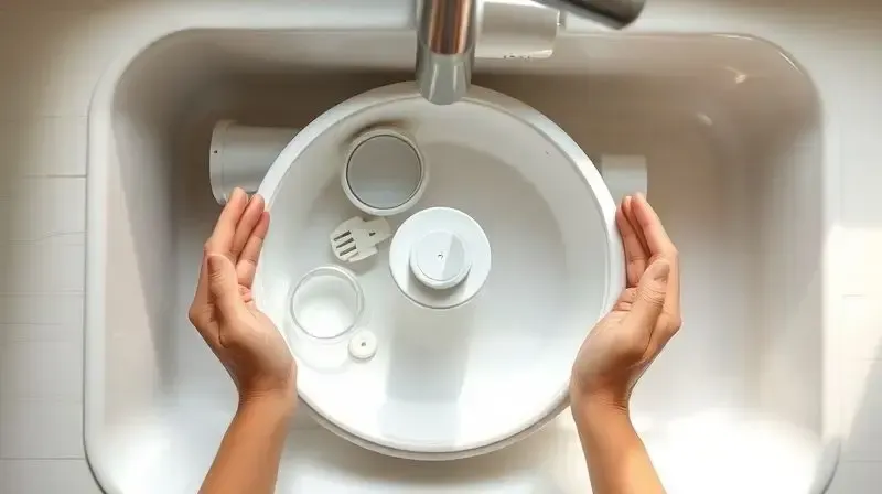 Uma pessoa realizando a limpeza de uma fonte de água para gatos, com as peças desmontadas em uma pia, demonstrando a facilidade de manutenção e higiene.