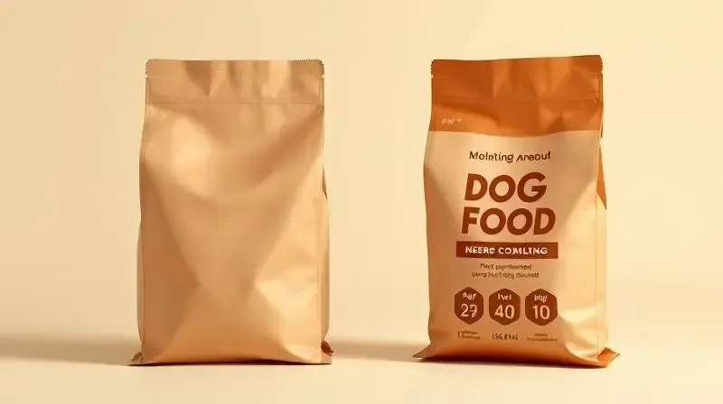 Duas embalagens de ração para cães, sem marca, lado a lado, representando as diferentes linhas de produtos disponíveis para análise.