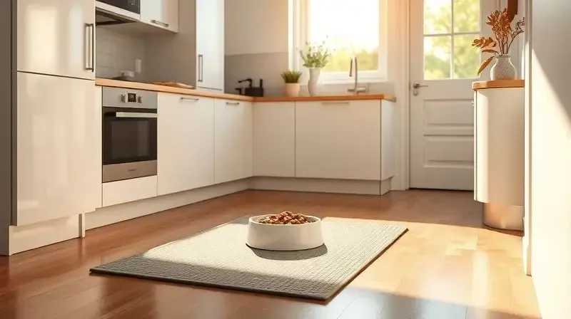 Um comedouro para cachorro bem posicionado no canto de uma cozinha moderna e limpa, demonstrando o local ideal em casa.