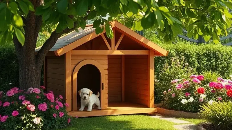 Casinha de cachorro posicionada em um local ideal no jardim, com sombra e segurança.