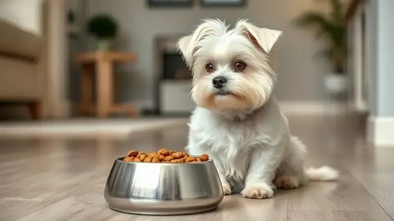 Um cão Maltês com expressão seletiva olhando para sua tigela de ração, ilustrando o problema de um cachorro que não quer comer.
