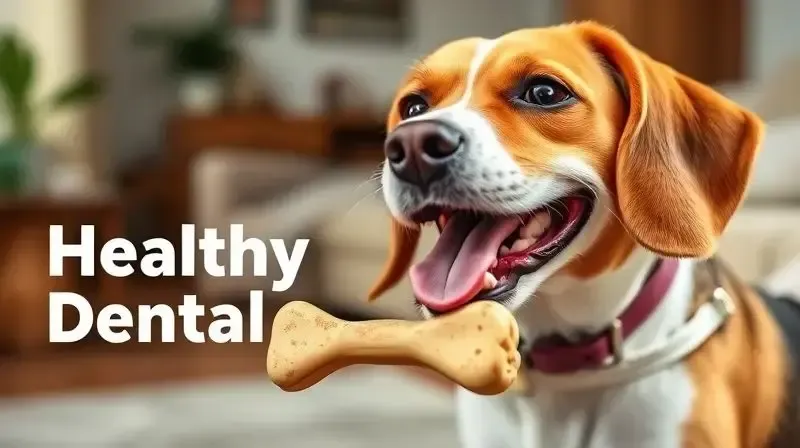 Cão feliz mastigando um petisco dental, uma forma alternativa de manter o hálito e a saúde bucal do pet em dia.