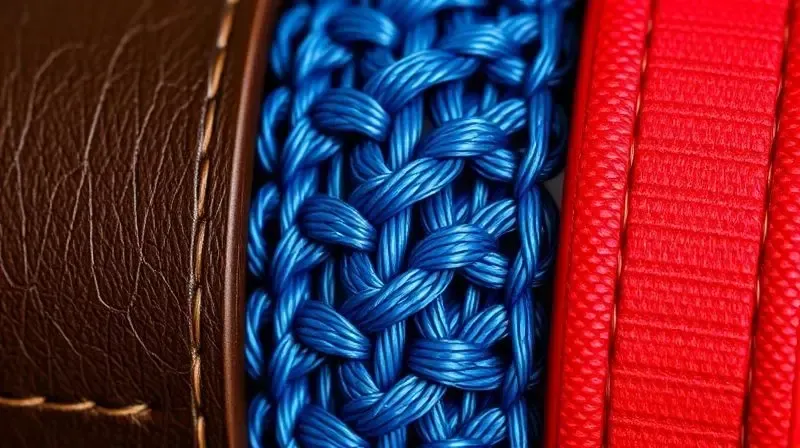 Close-up mostrando a textura de diferentes materiais de coleiras para cães, como couro, nylon e neoprene, para comparar conforto e durabilidade.