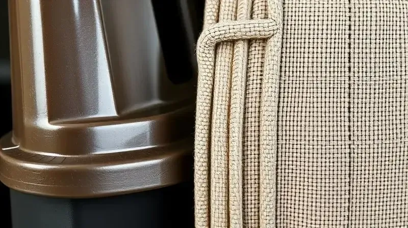 Detalhe comparando a textura de uma caixa de transporte de plástico rígido com o tecido de uma bolsa de transporte flexível para gatos.