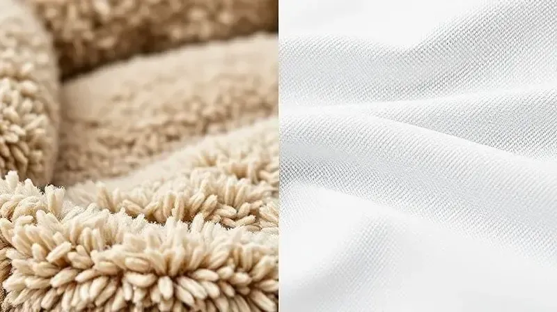 Detalhe de materiais de caminhas de cachorro: um tecido de pelúcia para o frio e um material respirável para o calor.