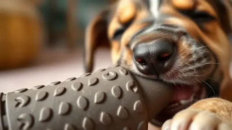 Close-up de um filhote roendo um brinquedo de borracha atóxica e resistente, destacando a segurança e a durabilidade do material.