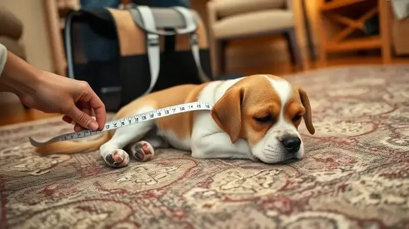 Tutor medindo o comprimento de seu cachorro com uma fita métrica para garantir que a bolsa de transporte tenha o tamanho correto.