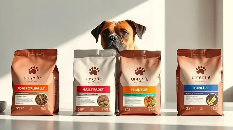 Variedade das melhores rações para a raça Boxer, com um cão ao fundo escolhendo a melhor opção para sua dieta.