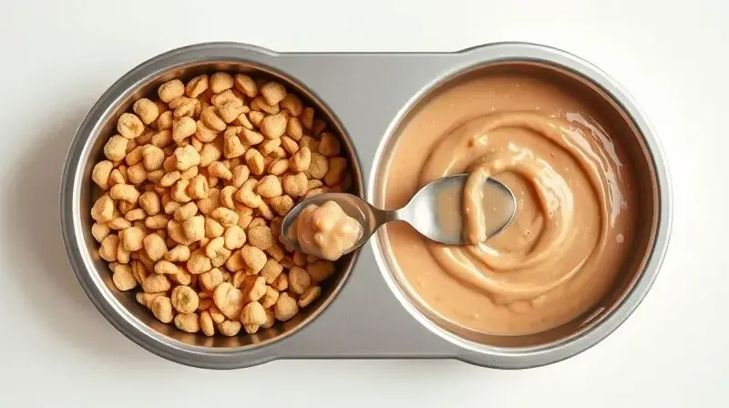 Pote de comida para cães com ração seca de um lado e alimento úmido do outro, ilustrando a possibilidade de misturar os alimentos.