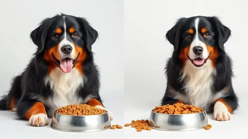 Comparativo nutricional da ração para um Bernese adulto e um sênior, destacando as necessidades de cada fase da vida.