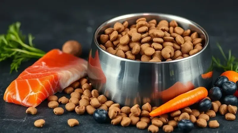Ingredientes frescos como salmão e vegetais ao lado de uma tigela de ração, destacando as necessidades nutricionais do Cane Corso.