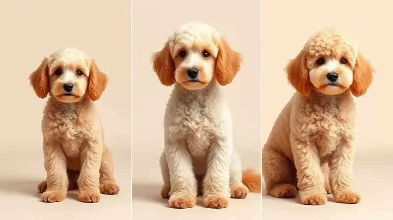 Três Poodles representando as fases da vida: filhote, adulto e sênior, para ilustrar as diferentes necessidades nutricionais da raça.