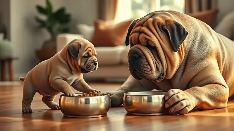 Um filhote e um cão sênior da raça Shar-pei comendo, representando as diferentes necessidades nutricionais em cada fase da vida.