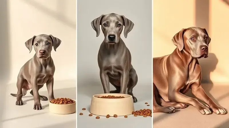 Comparativo visual das fases da vida de um Weimaraner: filhote, adulto e sênior, destacando suas diferentes necessidades nutricionais.