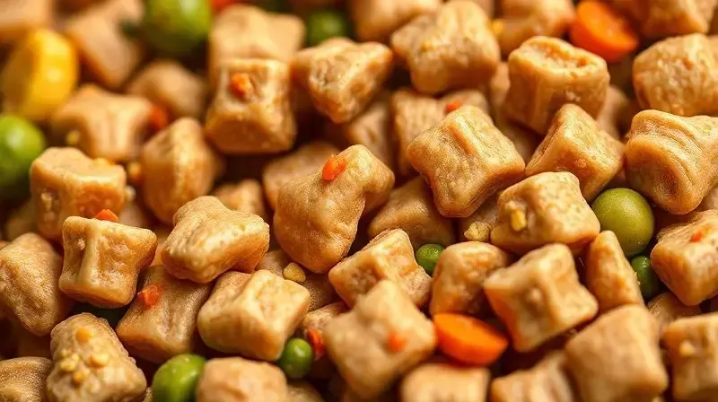 Foto macro de um grão de ração para filhotes, destacando a textura e os ingredientes que indicam um alto valor nutritivo e equilíbrio.