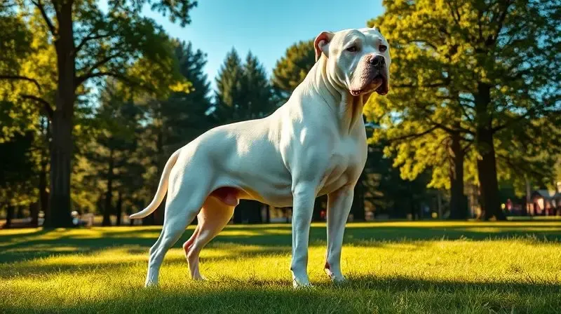Dogo Argentino adulto, forte e saudável, mostrando a vitalidade que uma nutrição adequada para sua fase de vida proporciona.