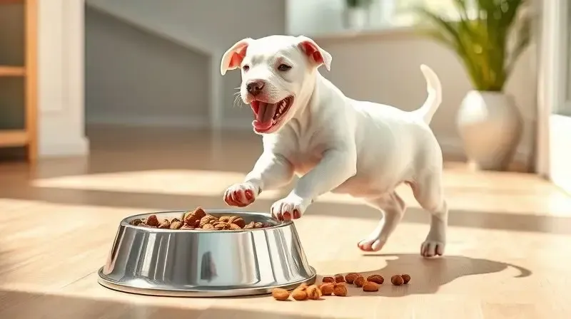 Filhote de Dogo Argentino saudável e brincalhão ao lado de sua tigela de ração, representando a nutrição correta para a fase de crescimento.