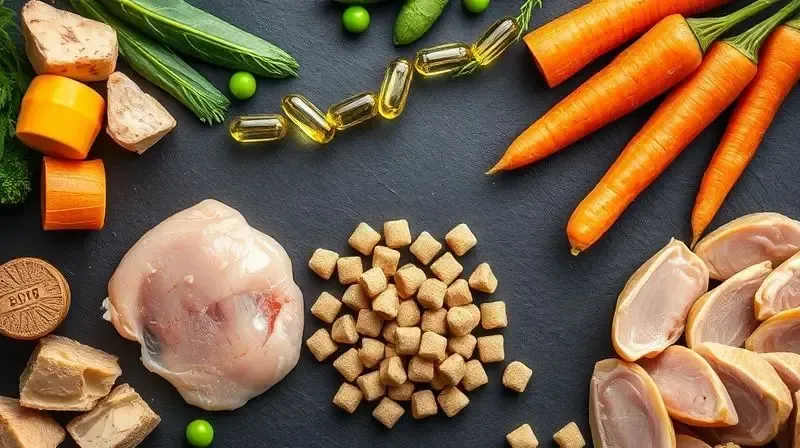 Composição com ingredientes saudáveis como frango e cenouras ao lado de grãos de ração, simbolizando os nutrientes essenciais para Beagles.