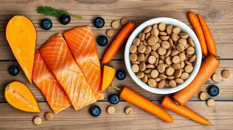 Ingredientes saudáveis e nutrientes essenciais para a ração de um Bernese, como salmão e batata-doce, dispostos em uma mesa.