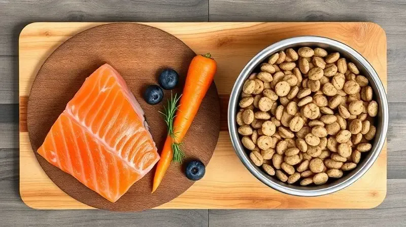 Ingredientes e nutrientes essenciais para a ração de Border Collie, como salmão, cenoura e mirtilos, para uma dieta saudável.