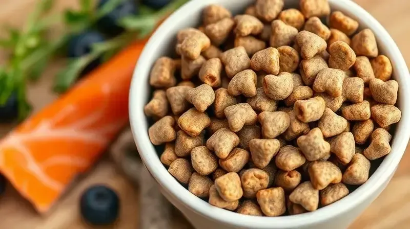 Ingredientes nutritivos como salmão, cenoura e mirtilos ao lado de uma tigela de ração, destacando os nutrientes essenciais para cães.
