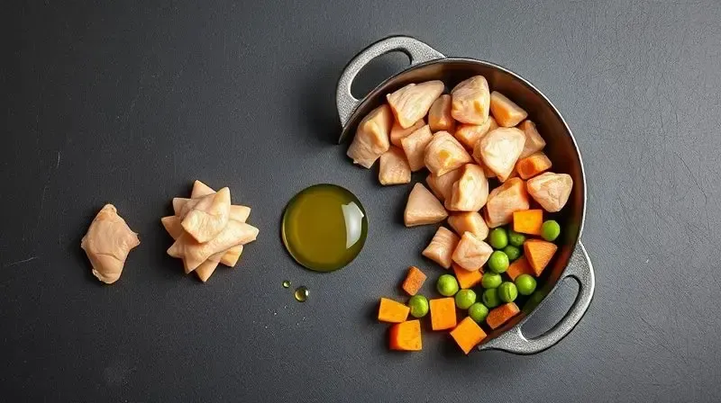 Ingredientes essenciais de uma boa ração: pedaços de frango (proteína), óleo (gorduras) e batata-doce (fibras).