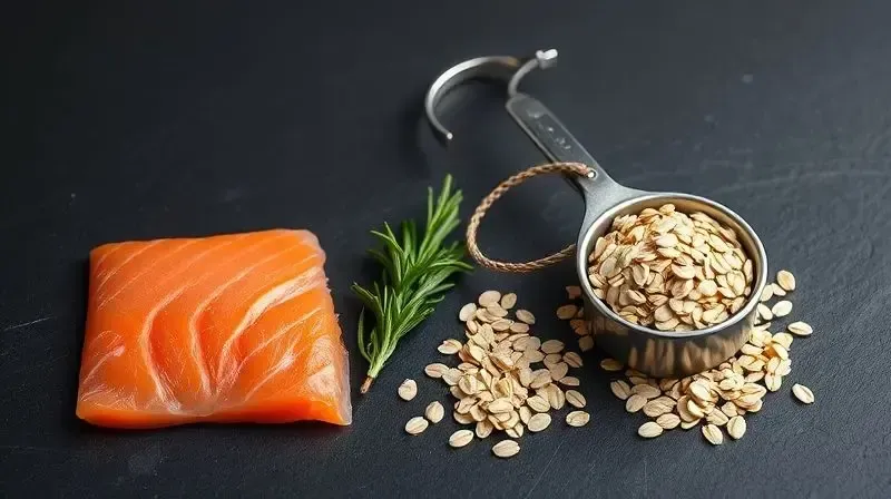 Ingredientes de alta qualidade para ração de gato Persa, como salmão, aveia e ervas, simbolizando os principais nutrientes: proteínas, fibras e gorduras.