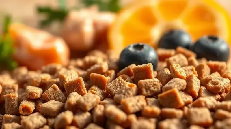 Análise de perto dos nutrientes da ração para Pinscher, com grãos em foco e ingredientes frescos como frango e vegetais ao fundo, representando uma dieta rica.