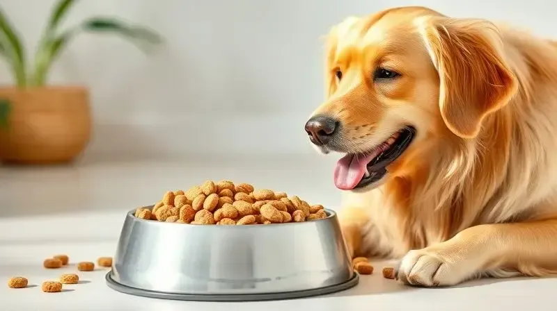 Um cão saudável e feliz ao lado de sua tigela de ração da linha Super Premium, ilustrando a alta qualidade da Nutrilus Prime.