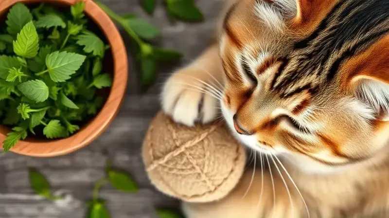 Imagem mostrando o que é catnip, com a erva fresca em uma tigela ao lado de um gato eufórico interagindo com um brinquedo com a erva do gato.