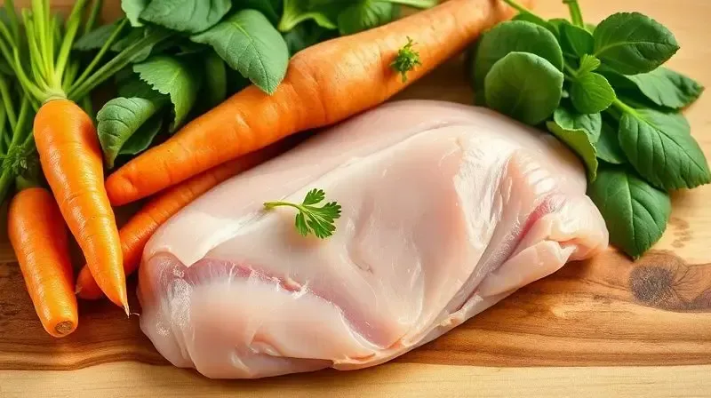 Ingredientes frescos e saudáveis como frango, cenoura e espinafre dispostos em uma tábua de madeira, representando a composição da ração natural.