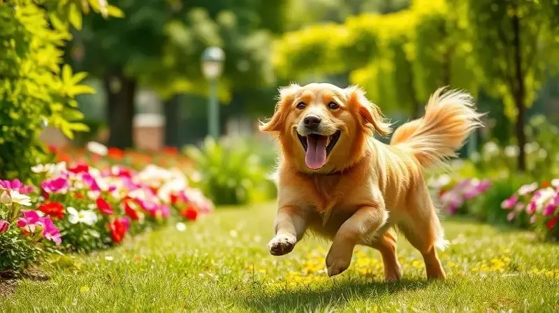 Cão da raça Golden Retriever saudável e feliz correndo na grama, representando a proteção e eficácia do Simparic contra pulgas e carrapatos.