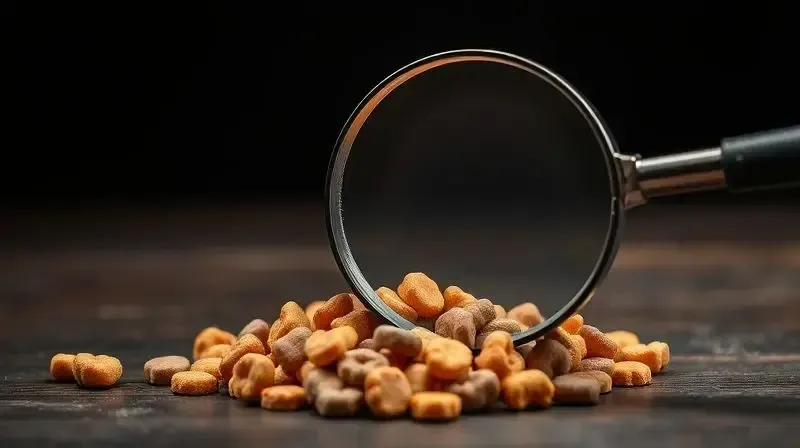 Lupa inspecionando uma ração de baixa qualidade com corantes, simbolizando os ingredientes a serem evitados na comida do cão.