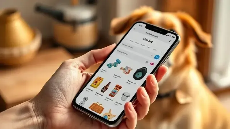 Pessoa comprando Simparic online pelo celular, buscando o melhor preço para o tratamento de seu cão, que a observa feliz ao fundo.