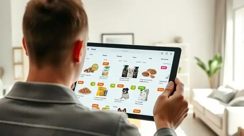 Pessoa em casa pesquisando preços e promoções da ração PremieR em uma loja virtual usando um tablet para encontrar o melhor custo-benefício.