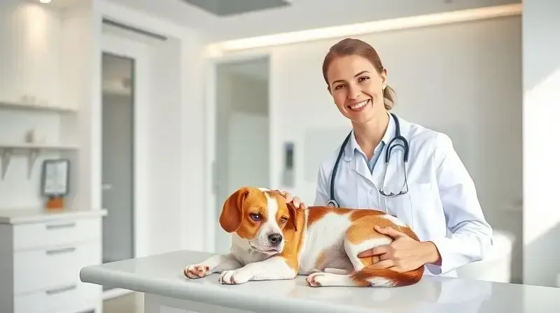Veterinária examinando um cão saudável em uma clínica, ilustrando a importância das opiniões de profissionais sobre a ração Pedigree.