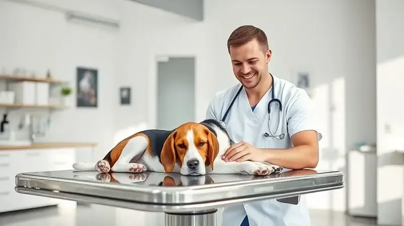 Veterinária examinando um cão para representar a opinião de especialistas sobre a qualidade da ração Dog Chow.