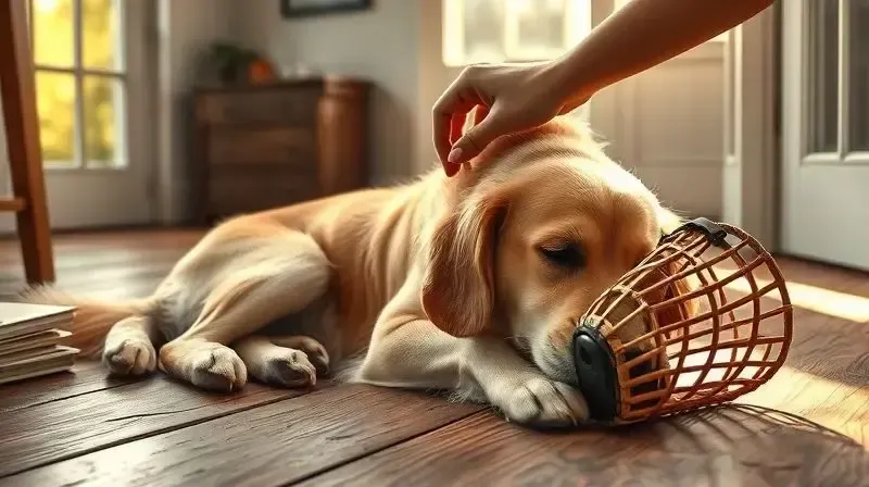 Um cão da raça Golden Retriever sentado calmamente ao lado de uma focinheira, ilustrando o uso responsável e positivo do acessório.