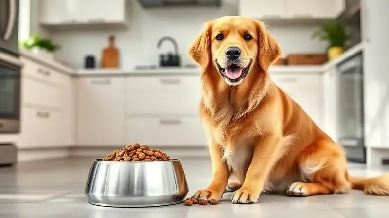 Cão da raça Golden Retriever, com aparência saudável e em forma, ao lado de sua tigela de ração, ilustrando o propósito da ração light.