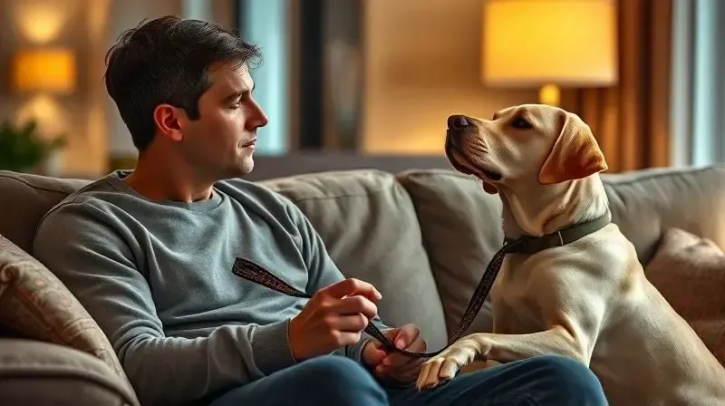 Dono de cachorro com expressão pensativa, segurando uma guia e olhando para seu cão, representando dúvidas frequentes sobre o acessório.