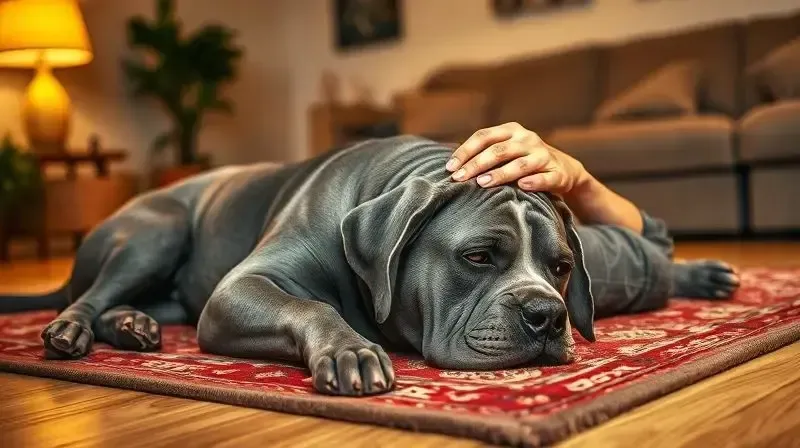 Um Cane Corso dócil e leal descansando com seu dono, demonstrando a personalidade e o temperamento calmo da raça.
