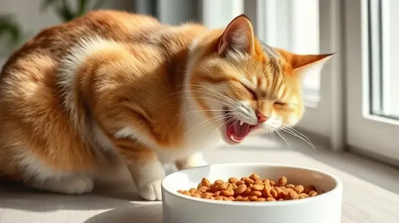 Gato saudável e feliz comendo ração em uma tigela, simbolizando os pontos positivos e benefícios de uma alimentação adequada.