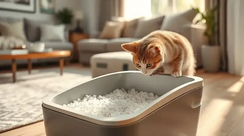 Gato doméstico cheirando uma caixa de areia para avaliar se aprova, ilustrando a importância da preferência do pet na escolha da areia.